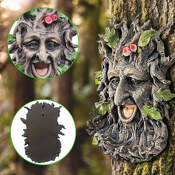 12" Real Tree Face Hugger Statue, Outdoor Garden Resin Bird Feeder Sculpture with Foliage Features, Fairy Elve Accent Yard Art, Halloween Trees Decorations Outdoor Wall Mounted Statue