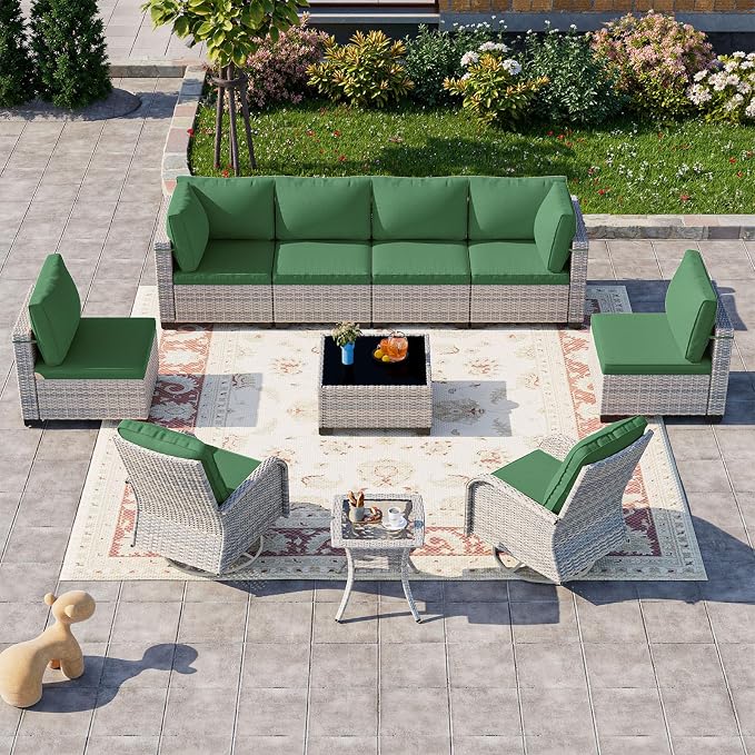10-Piece Patio Furniture Set, Outdoor Patio Furniture with Swivel Chairs Set, Thick Cushions, Modular Patio Sofa, Dual-Strand Wicker Rattan, Rust-Resistant Frame, Dark Green