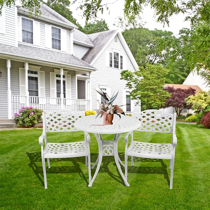 30.7" Cast Aluminum Round Patio Table, Patio Dining Table with Umbrella Hole, All Weather Outdoor Bistro Table for Backyard, Garden, Balcony, White