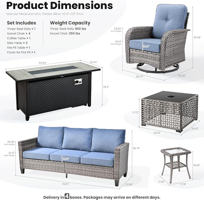 ovios 9 Pieces Patio Furniture Set, Outdoor Wicker Sofa Couch with Swivel Glider Chairs Fire Pit Table, Modern Deep Seat Rattan Conversation Sets for Deck Porch, Denim Blue