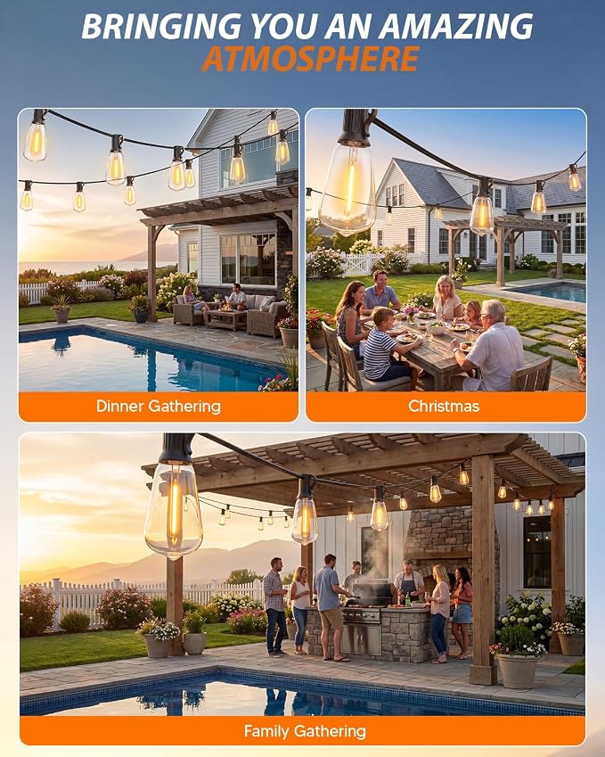 Outdoor String Lights 52FT, 32+2 Shatterproof Bulbs ST38, 1.5FT Spacing, IP65 Waterproof | Dimmable with Remote, Heavy-Duty, Include Screw & Zip Ties for Patio Backyard Holiday Outside
