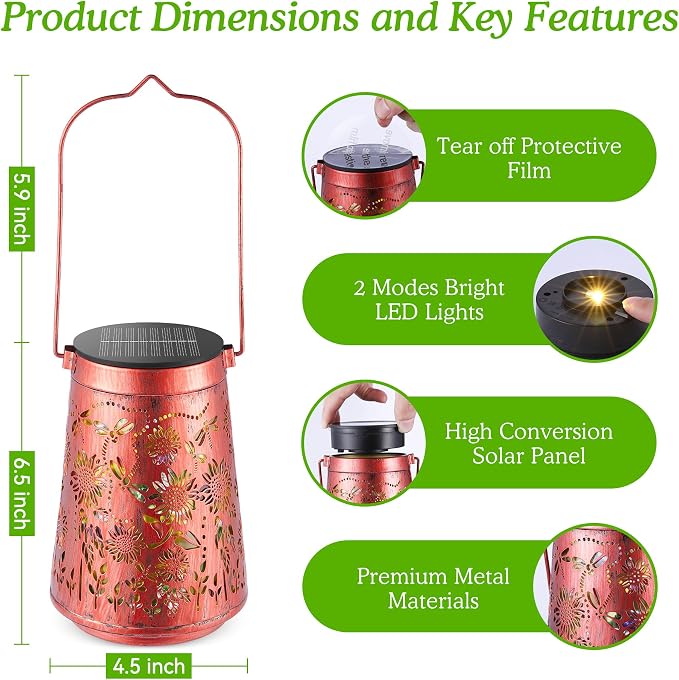 Sunflower Solar Lanterns Outdoor Waterproof Solar Lights | Sunflowers & Dragonfly, Metal Hanging Lantern for Patio, Pathway, Yard, Garden Decor Gifts for Mom Women & Grandma 1 Pack