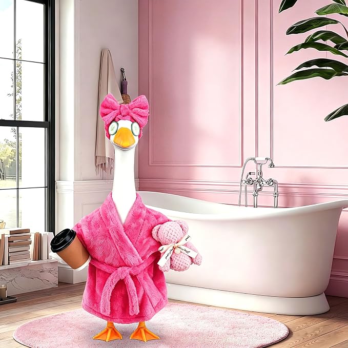 Celltestria Lady Goose Outfits for 23" Geese Pink Bathrobe Porch Goose Costume Coffee Cup Bear Cucumber Eye Mask Goose Clothes for Outdoor Patio Yard Lawn Garden Decoration