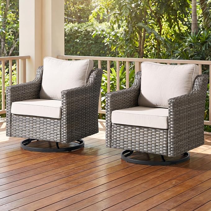 Luxury Patio Furniture Chairs Set - 2 Pieces All Weather Wicker Outdoor Couch and High Back Swivel Rocker Patio Chairs for Deck Yard and Poolside Gray Wicker | Beige Cushions