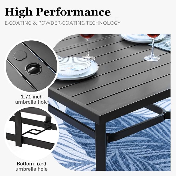 HERA'S HOUSE 9pc Patio Dining Set, Outdoor 83" Metal Table & Rattan Chairs | Rectangle table with umbrella hole, 8 cushioned chairs. Waterproof, rust-resistant, all-weather for backyard, porch.