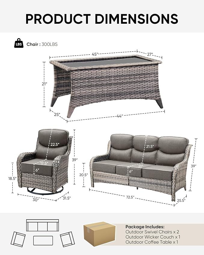 HUMMUH 6 inch Thick Cushion Wicker Patio Furniture Set with Outdoor Swivel Rocker Patio Chairs,High Back Outdoor Couch and Coffee Table for Porch Garden Deck