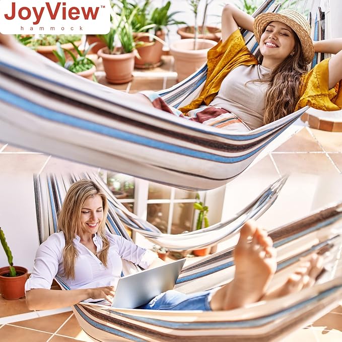 JoyView Brazilian Hammock for Single Person Portable Hammock with Hanging Ropes & Carry Bag Large 78.8x39.4” for Patio 300LBS Capacity Perfect for Outdoor/Indoor - Blue Stripe