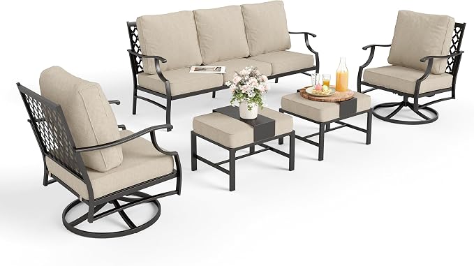 MIXPATIO Patio Furniture Set 5 pcs, Outdoor Patio Furniture, 3-Seat Sofa, 2 Swivel Chairs, 2 Ottomans and 5.75" Extra Thick Cushion, Patio Conversation Set for Garden Backyard Deck,Beige