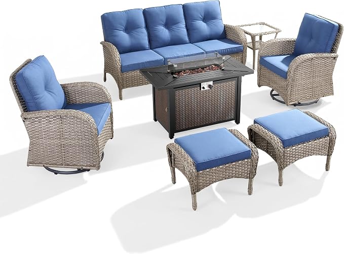 7 Piece Patio Furniture Set with Fire Pit Table - Wicker Patio Conversation Set with Swivel Glider, 3 Seat Sofa, Side Table and 2 Ottomans for Deck Backyard - Grey Wicker Blue Cushion