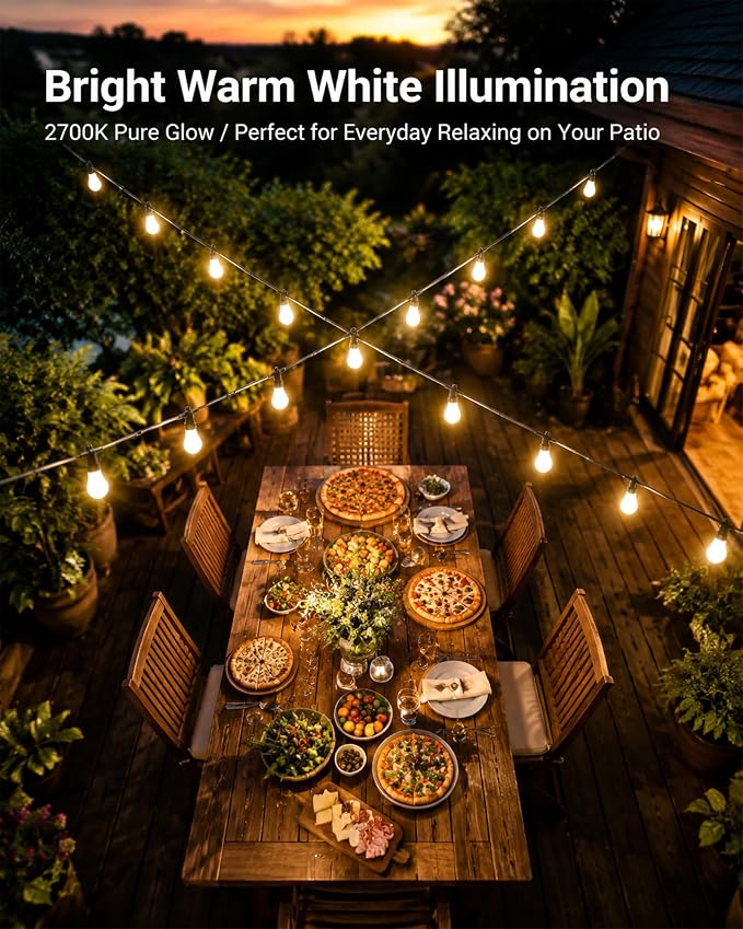 27FT RGBW Outdoor String Lights Shatterproof Dimmable Patio | IP65 Waterproof, 200+ Dynamic Modes, Music Sync, App & Remote Control, Zip Ties Included, -4°F to 158°F Weatherproof