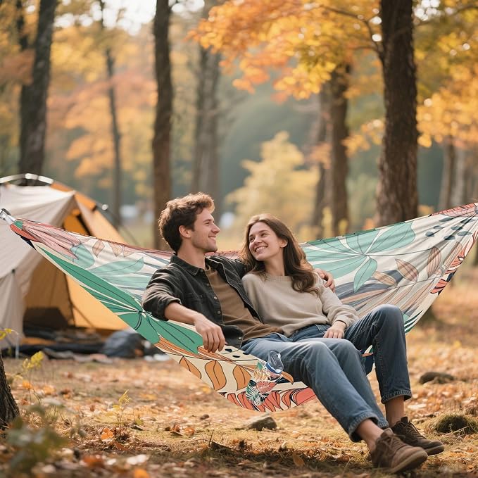 Vintage Flower Leaves Camping Hammock, Portable Lightweight Single Hammock with Tree Straps and Aluminum Carabiners, 114" x 54" Travel Hammock for Hiking Backpacking Beach