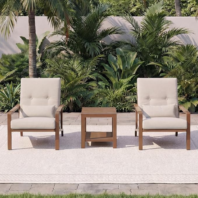 Aluminum Outdoor Patio Furniture-Armchair with Table,Beige | Rustproof,High Weight Capacity,Water-Repellent,Washable Cover,All-Weather Resistant,Easy Clean,for Poolside Backyard Deck