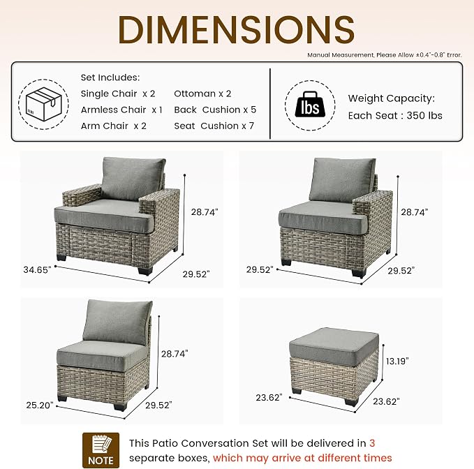 CAODOC Patio Furniture Sets 7 Pieces Outdoor Sectional Rattan Sofa Manual Weaving Wicker Patio Conversation Set with Ottomans and T Cushion(Dark Gray)