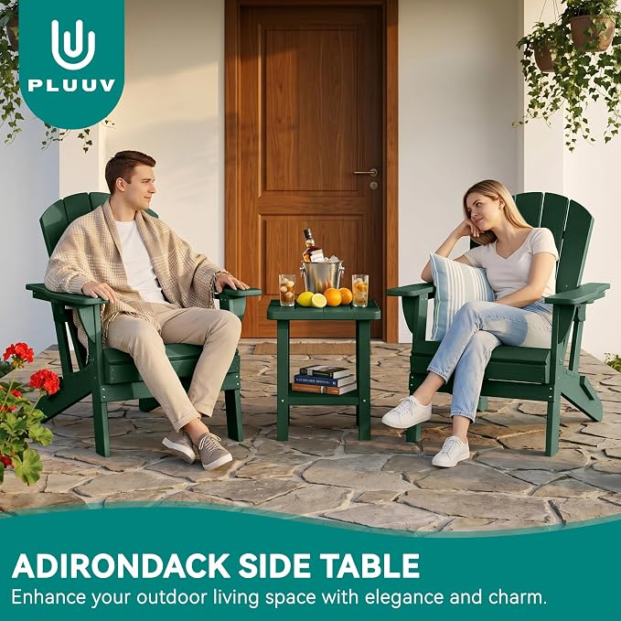 PLUUV Outdoor Side Table, 2-Tier Storage Patio Side Table, All Weather HDPE Adirondack End Table Outdoor for Patio, Garden, Balcony & Living Room, Dark Green