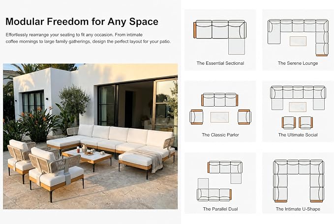 PURPLE LEAF Patio Furniture Set Outdoor Sectional Sofa with Coffee Table Fade-Resistant Cushions Wicker L-Shaped 5 Pieces Aluminum Convertible Daybed for Balcony Yard Garden Poolside, White