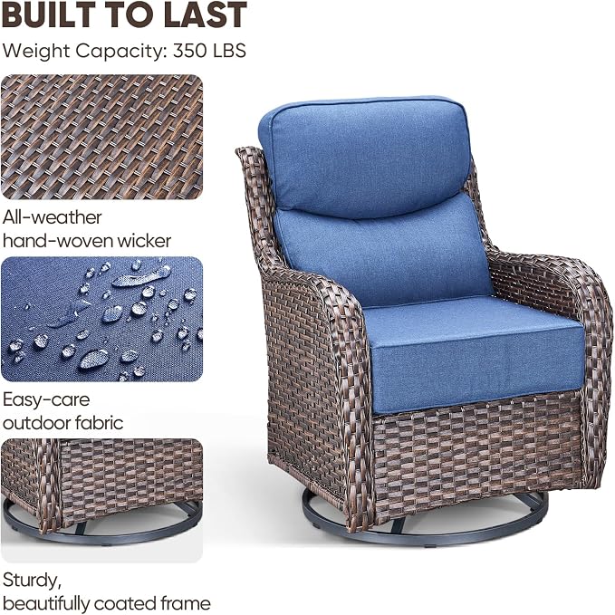 Swivel Patio Chairs Set of 2 with 6" Thick Cushion - Wicker Outdoor Swivel Rocker Patio Sets, High Back Comfortable Outdoor Glider Chairs - Brown Wicker | Blue Cushion