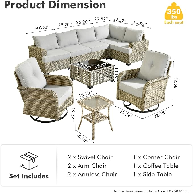 CAODOC 9 Piece Patio Furniture All Weather 7-Seater Outdoor Sectional Sofa with Patio Swivel Chairs and Solar Powered Coffee Table for Porch,Garden,Backyard,Deck(Grey)