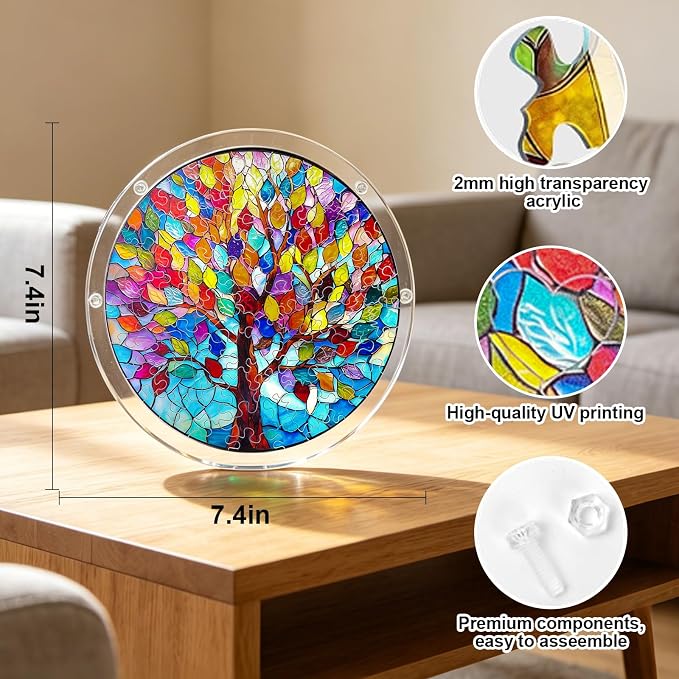 Acrylic Jigsaw Puzzle Suncatcher, 9.8inch Tree Acrylic Puzzles Suncatcher Window Hanging, 83 Pcs Premium Stained Glass Style Puzzle Suncatcher, DIY Window Suncatcher Acrylic Puzzle