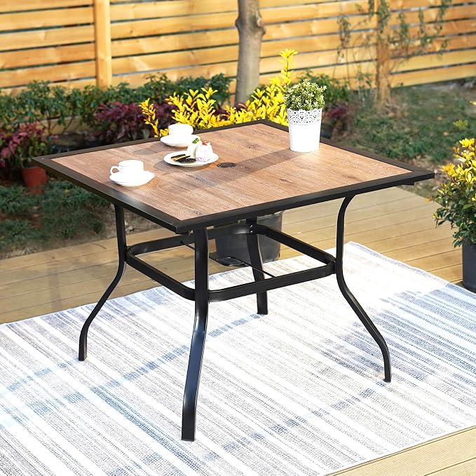 MIXPATIO Outdoor Patio Square Dining Table, 37"x 37" Wood-Like Tabletop with Adjustable Umbrella Hole and Faux Wood Tabletop, All Weather Wrought Iron Black Outdoor Table for Deck Lawn Backyard
