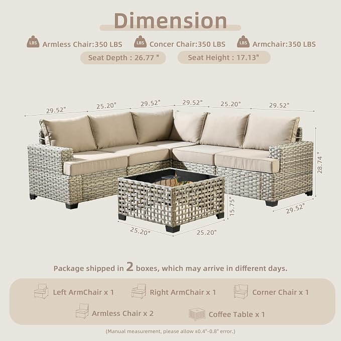 CAODOC 6 Pieces Outdoor Sectional Patio Furniture Set,Wicker Conversation Sets L Shaped Couch,Outdoor Sofa Outside Furniture with Solar Table Light(Beige)