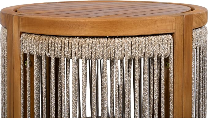 roomfitters 16.9" Acacia Wood Outdoor Side Table, Luxury Handwoven Rope Accent Boho Patio Table, Modern Round Slatted Garden End Table
