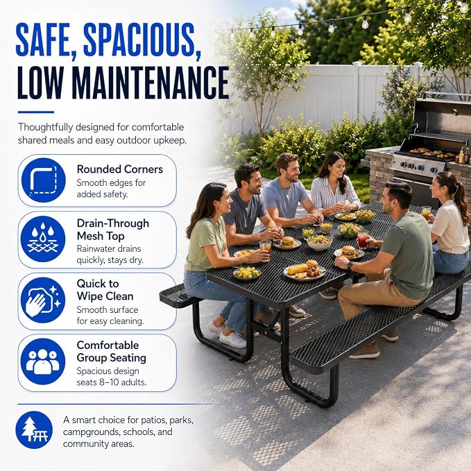 8FT Commercial Outdoor Metal Picnic Table with Umbrella Hole, Heavy-Duty Steel Patio Table & Benches, Seats 8-10 Adults, Weatherproof for Parks, Schools, Campgrounds & Backyards (Black)