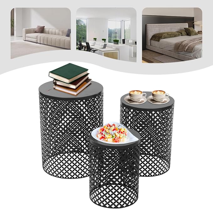 Outdoor Side Table Set of 3, Decorative Garden Stool for Indoor Outdoor Heavy Duty Metal Frame Accent Table Modern End Table for Gardens, Balconies, Bedrooms, Kitchens, Cafes, Black