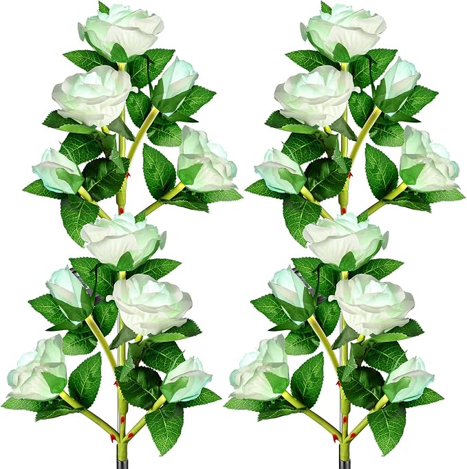 Anordsem Solar Garden Lights Outdoor: Waterproof Fabric Roses - Red LED Flower Decorations for Yard Patio Path Cemetery Grave - Birthday Gifts for Women Mom Wife - 4 Pack White