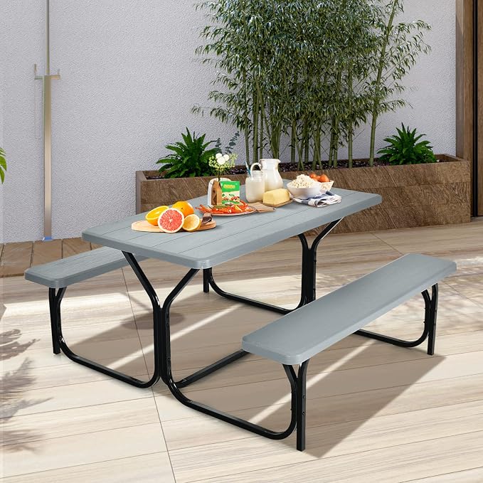 S AFSTAR Picnic Table Bench Set, 59” Expanded Rectangular Picnic Table, Outdoor Table and Bench with Steel Frame & Wood-Like Texture Tabletop, Camping Table Chair Set for Garden Lawn Deck (Gray)