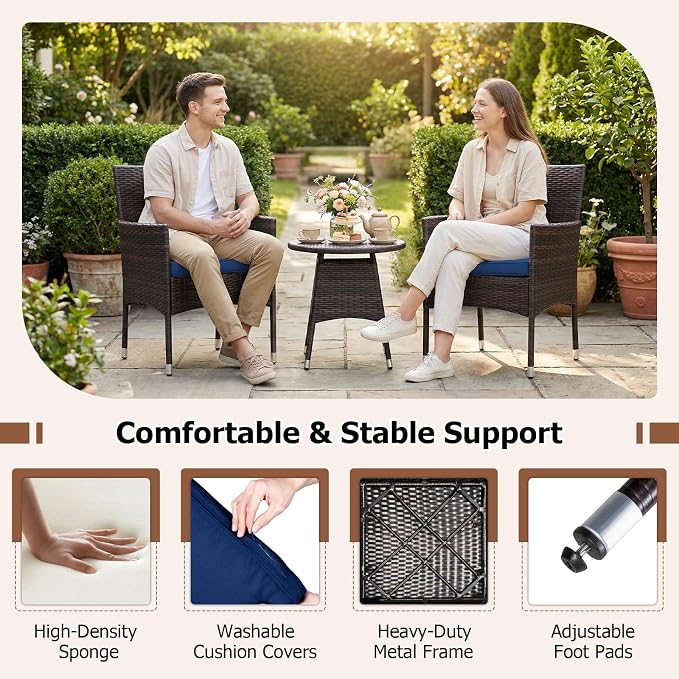 Tangkula 3 Piece Patio Furniture Set, Hand-Woven PE Wicker Conversation Set with Contoured Armchairs, Cushions & Round Coffee Table, Outside Bistro Set for Porch, Backyard, Balcony (Navy Blue)