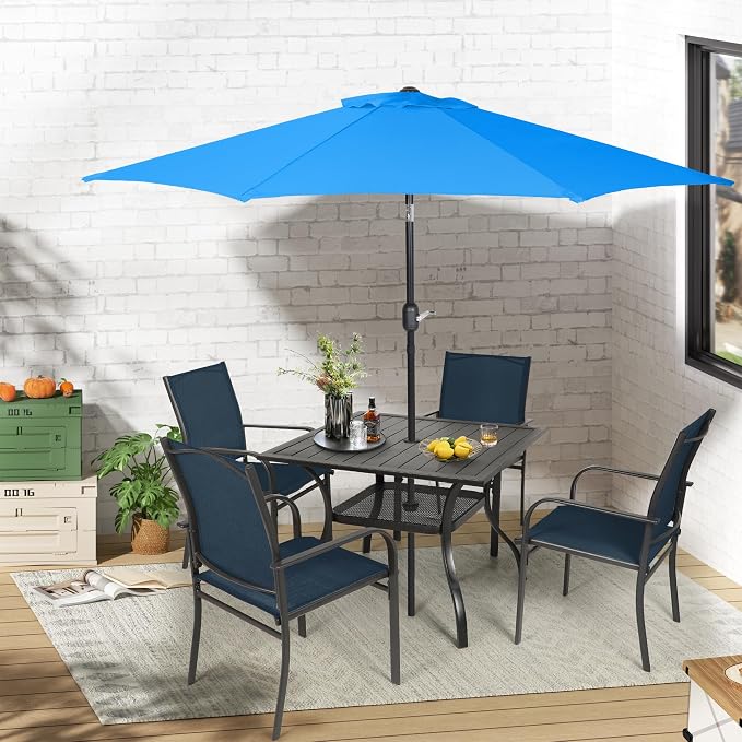 Crownland 5 Piece Patio Dining Set, Outdoor Textilene Dining Sets, 4 Textilene Metal Chairs and Square Outdoor Dining Table with Sky Blue 9FT Round Outdoor Umbrella, Blue