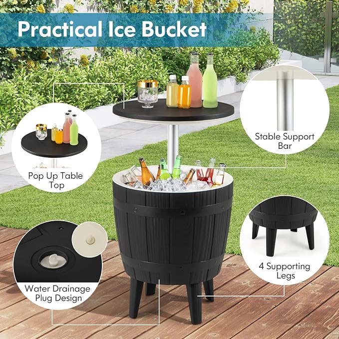 Tangkula 10 Gallon Cooler Bar Table, Outdoor Cooler Side Table w/Telescopic Tabletop, 3-in-1 Coffee Table Ice Bucket for Beer & Wine, All-Weather Cocktail Table for Backyard, Party, Poolside (Black)