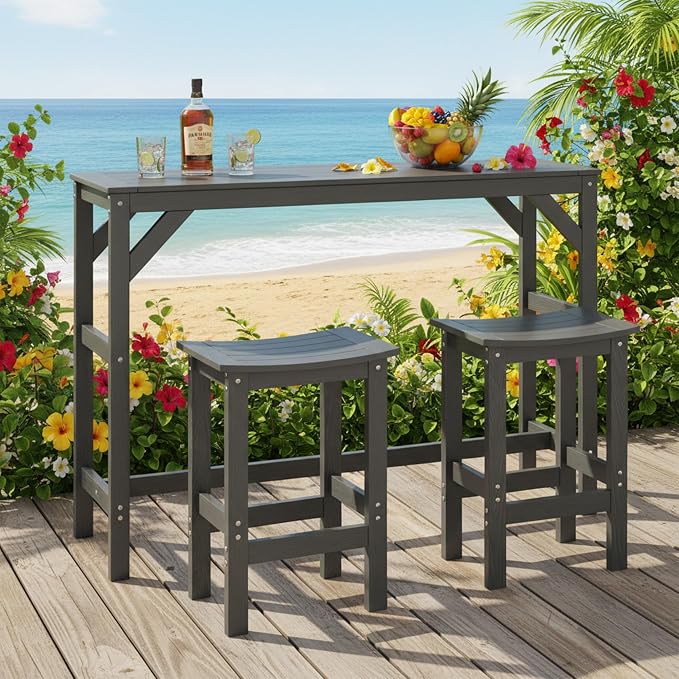 3Pcs Poly Lumber Outdoor Patio Bar Set, All Weather HIPS Bar Table and Chairs Set for Outside, 55" Rectangular High Top Bar Table with 2 Bar Stools for Patio, Poolside, Balcony, Hot Tub, Black