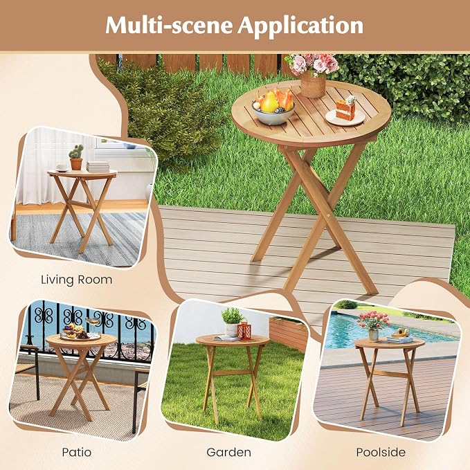 Tangkula 26-Inch Acacia Wood Outdoor Dining Table, Folding Round Patio Bistro Table with Slatted Tabletop & X-Shaped Frame, Outside Dining Table for Porch, Garden, Backyard, Poolside