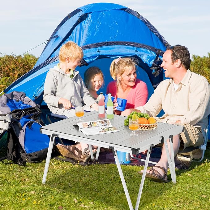 COSTWAY Folding Low Picnic Table, Portable Camping Table with Storage Bag, Lightweight Aluminum Foldable Roll-Up Table 3FT, Outdoor Camp Table for Party, Tailgating, Beach & Backyard (Silver)