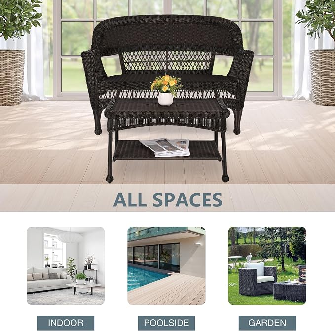 Jeco Wicker Patio Love Seat and Coffee Table Set without Cushion, Espresso