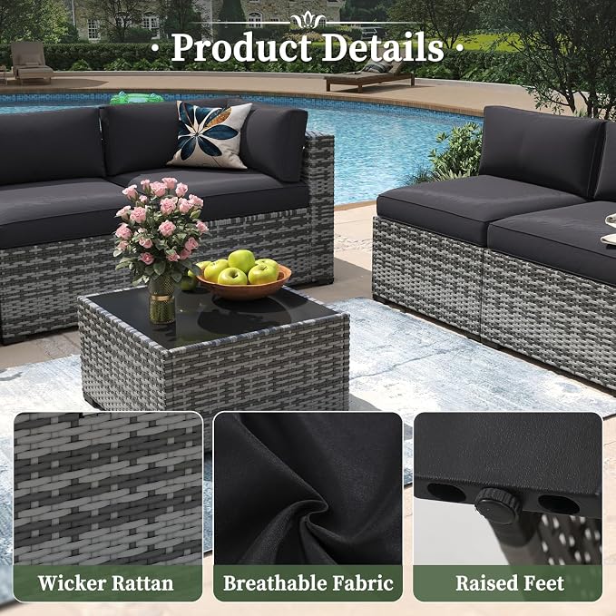 Aoxun 11 Piece Patio Furniture Set with 44” Fire Pit Table Wicker Rattan Outdoor Sectional Sofa Set with Coffee Table and Thickened Cushions, Grey/Black