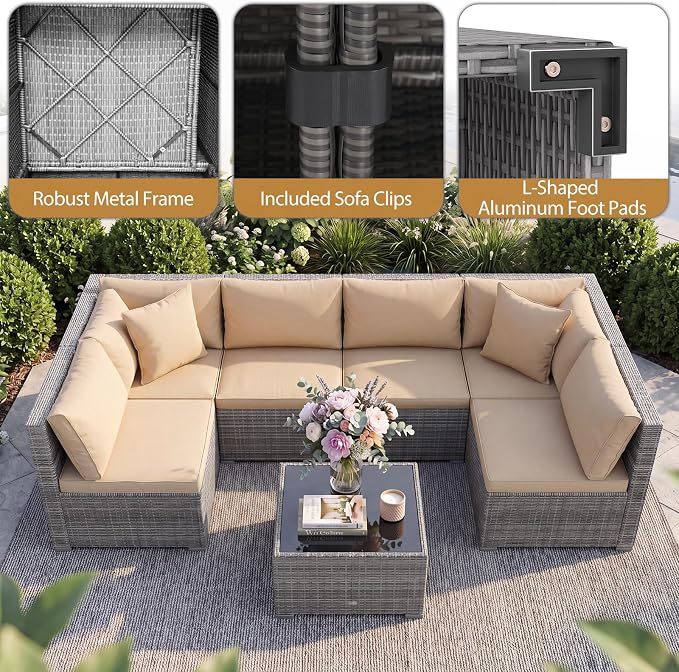 Tangkula 7 Pieces Wicker Sectional Patio Furniture Set, PE Rattan Sofas with Tempered Glass Coffee Table, Pillows & Cushions, Outdoor Wicker Conversation Set for Porch, Yard & Poolside, Grey & Beige