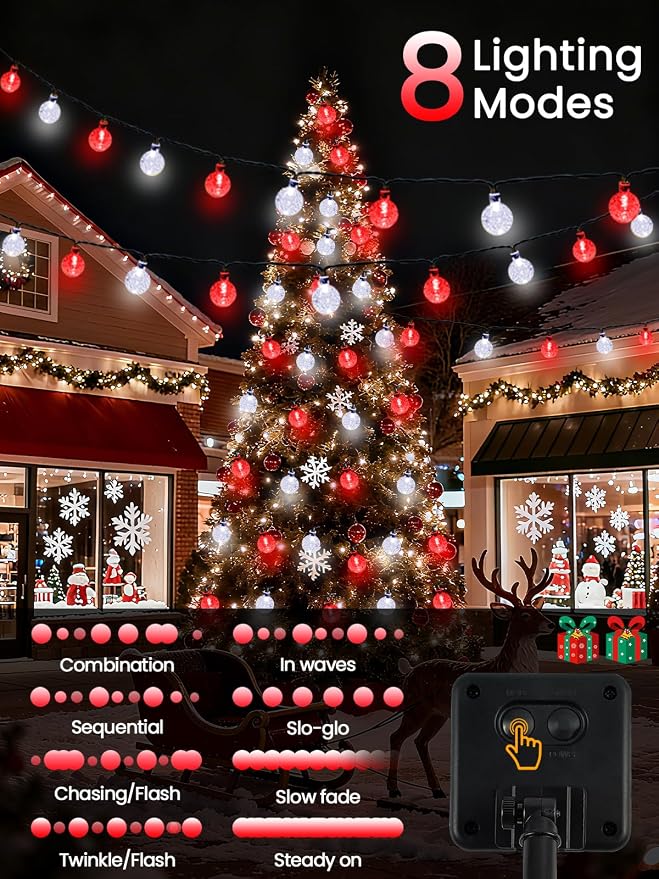 Solar String Lights Outdoor Waterproof 2 Pack 100 LED 64FT Patio Lights | Red and White Crystal Globe, 8 Lighting Modes, Auto On/Off, Solar Powered Light for Outside Yard Wedding Party Xmas Decor