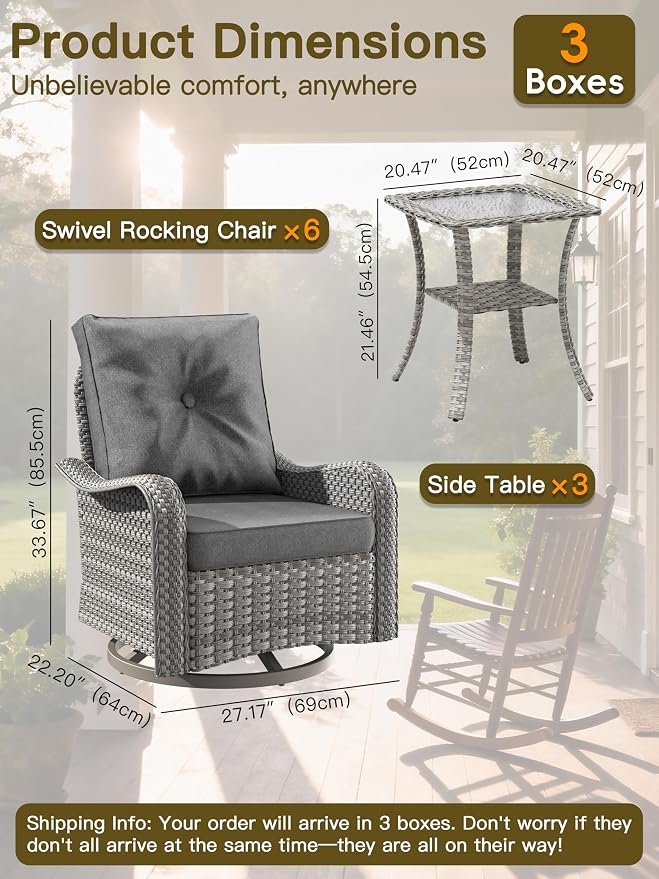 9-Piece Patio Furniture Set, Outdoor Swivel Rocking Chairs with 4" Thick Cushions & Side Table, All-Weather PE Rattan & Rust-Resistant Steel Frame Conversation Set for Porch, Garden, Charcoal Gray