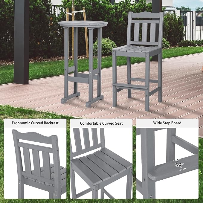 nalone Outdoor Bar Chairs and Table Set, HDPE Balcony Adirondack Chairs and Table 3 Pieces Set, Outdoor Bar Stools Set for Garden, Yard, Backyard