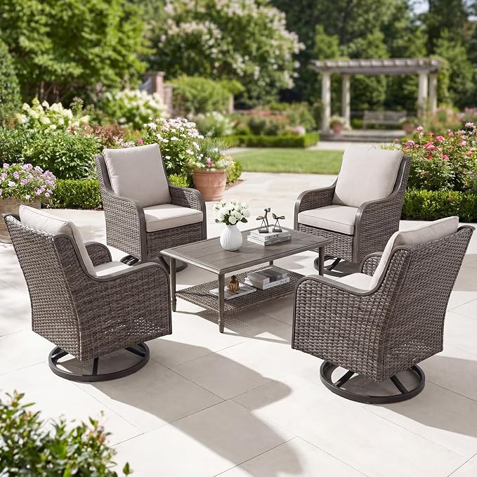 5 Piece Wicker Patio Furniture Set, Outdoor Conversation Set with Deep Seating Swivel Chairs Set of 4 and Rattan Coffee Table, Outdoor Furniture Set for Porch Balcony Garden Poolside (Brown/Beige)