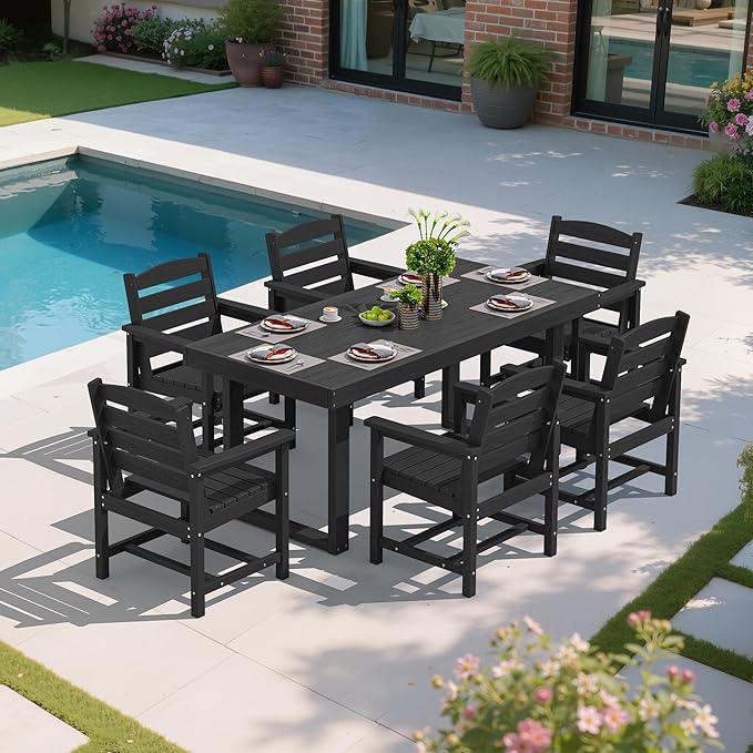 SERWALL HDPE Outdoor Dining Set for 6, 67'' Patio Table and Chairs Set | with Armchair Seat