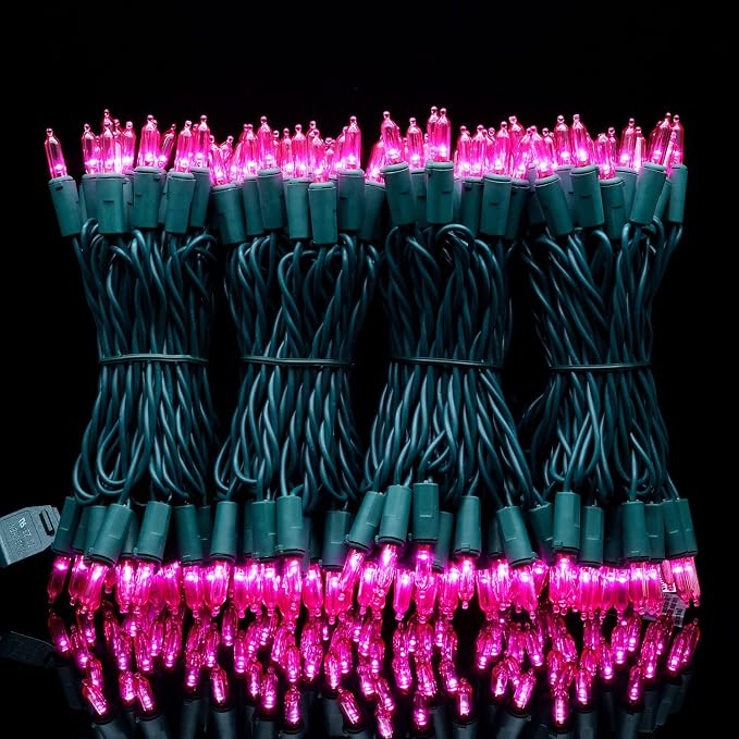 YULETIME 200 Pink LED Christmas Lights, 66 ft Green Wire UL String Light | Stay Lit, End-to-End Connectable, UL Certified, Commercial Grade, 1-Strand 200 Lights, 4" Spacing