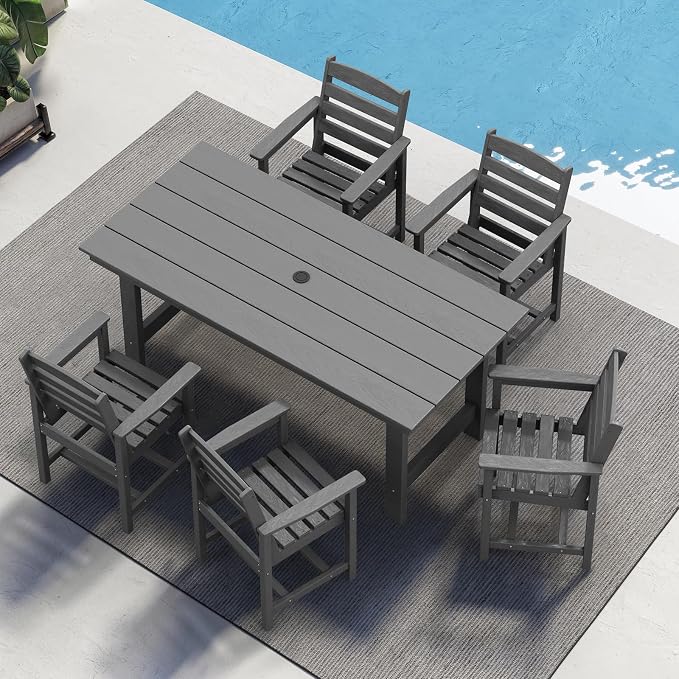 SERWALL 7 Pcs Outdoor Dining Set, 1 Umbrella Hole Table & 6 Chairs, Gray | HDPE Outdoor Dining Furniture with Rectangular Table & 6 Chairs, All-Weather Resistant SERWALL Dining Set for 6