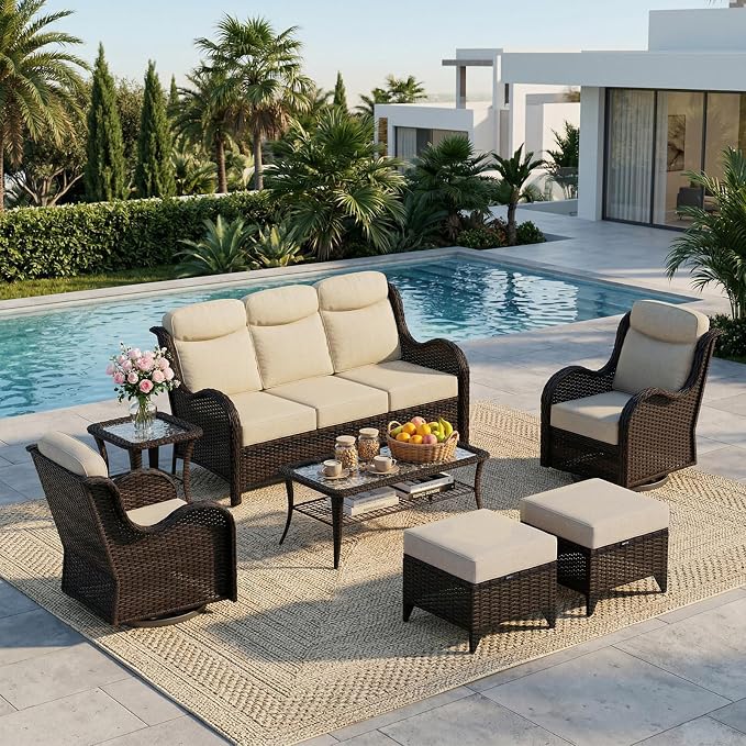 7 Pieces Outdoor Patio Furniture Set with 5" Thick Cushions, Weather-Resistant Wicker High Back Swivel Rocker Chairs, Patio Conversation Set for Outside Porch Deck Garden๏ผBeige