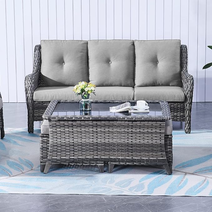 Belord Patio Wicker Sofa Set 6 Pieces Patio Furniture Set Outdoor Couch, 2 Patio Wicker Chairs with 1 Sofa, Coffee Table and Ottomans, Patio Conversation Set for Porch Garden Deck Balcony Poolside
