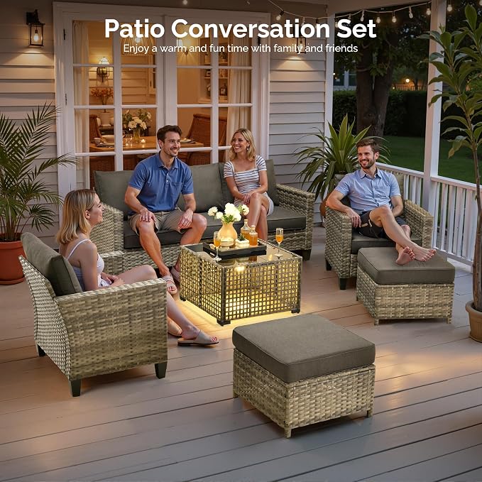 6 Piece Wicker Patio Furniture Set with Solar Table, Black | Outdoor Deep Seating Sofa Chair Ottoman, Solar Lights Table, All Weather Rattan, Modern Conversation Set, Porch Deck Backyard