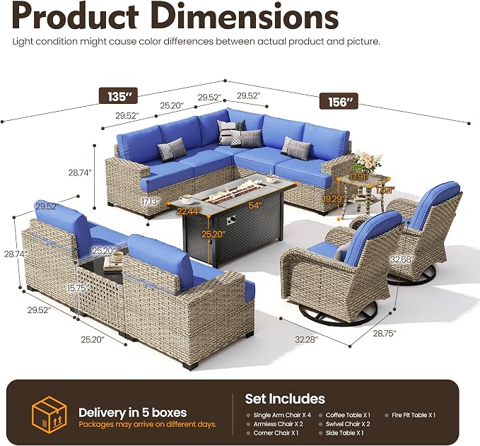 HOOOWOOO Sectional Patio Furniture Set with Fire Pit Table,12 Pieces Wicker Outdoor Furniture L Shaped Couch,Outside Conversation Set Extra Deep Seat Sofa Wide Arm Swivel Chairs Solar Light,Navy Blue