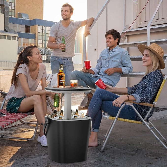 EasyUp Outdoor Cooler Side Table, Portable Ice Cooler Table with Table Top, Outdoor Ice Cool Bar, Lift Top Lid, Durable Handle, Cold Resistance, for Patio, Pool, Camping (Black)